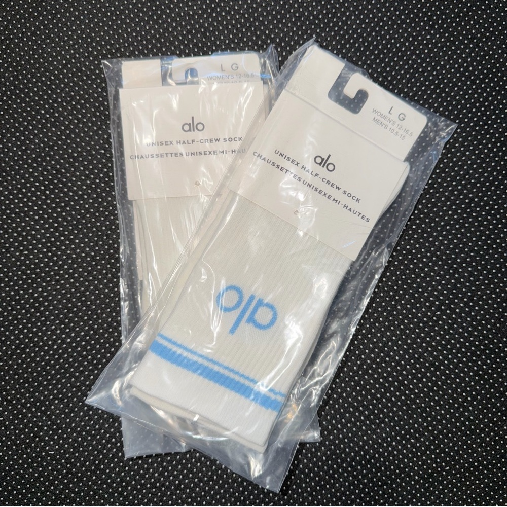 ALO Yoga White Crew Socks with Light Blue Accent